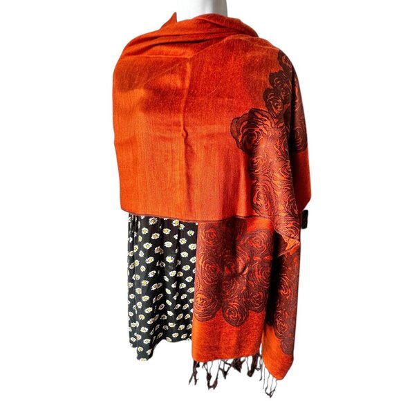 100% Cashmere Rox Scarf With Rose Pattern 27"x71" &  3" Fringe Orange Brown - Picture 3 of 10
